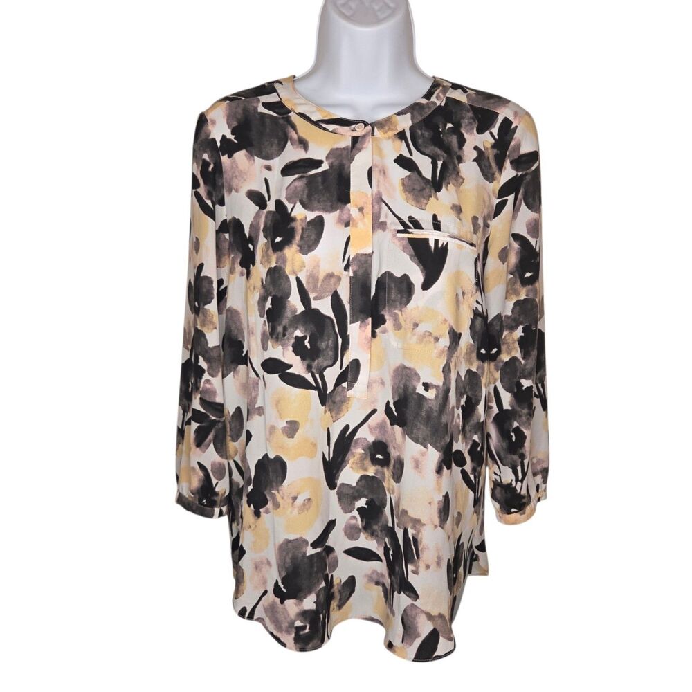 NYDJ Pleat Back Henley Blouse Small Floral Watercolor Abstract Tunic Top S